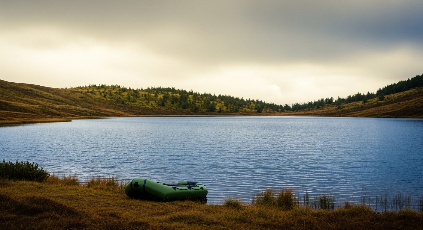 Angler in a belly boat on a still mountain lake at dawn